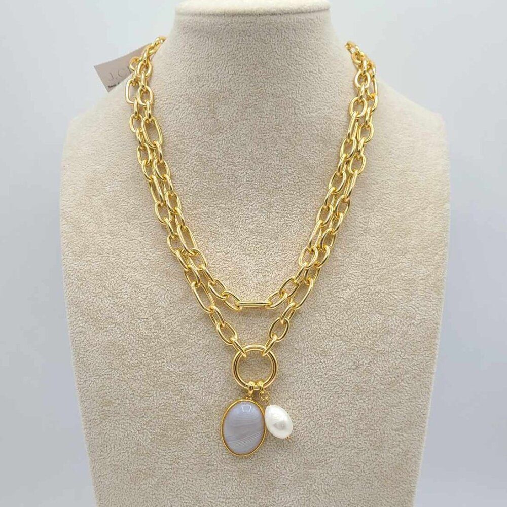 J Crew Chunky Semi Precious Freshwater Pearl Double Strand Link Necklace